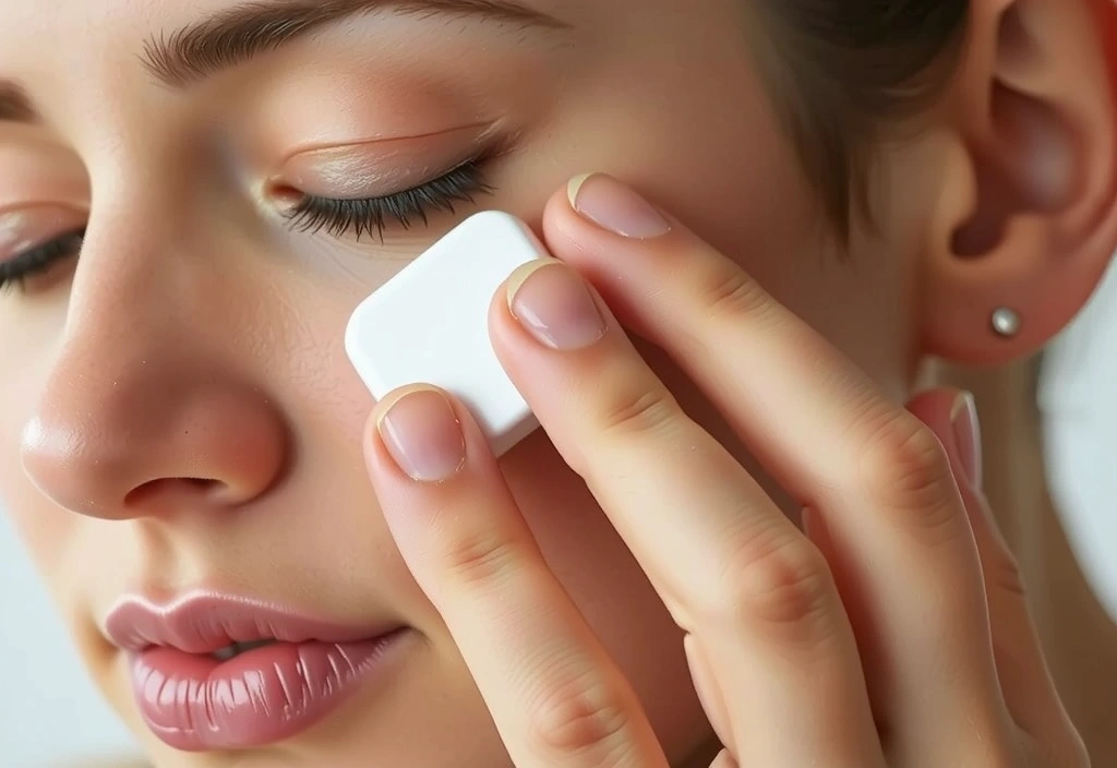 Hand applying anti-aging serum to face with gentle motions.