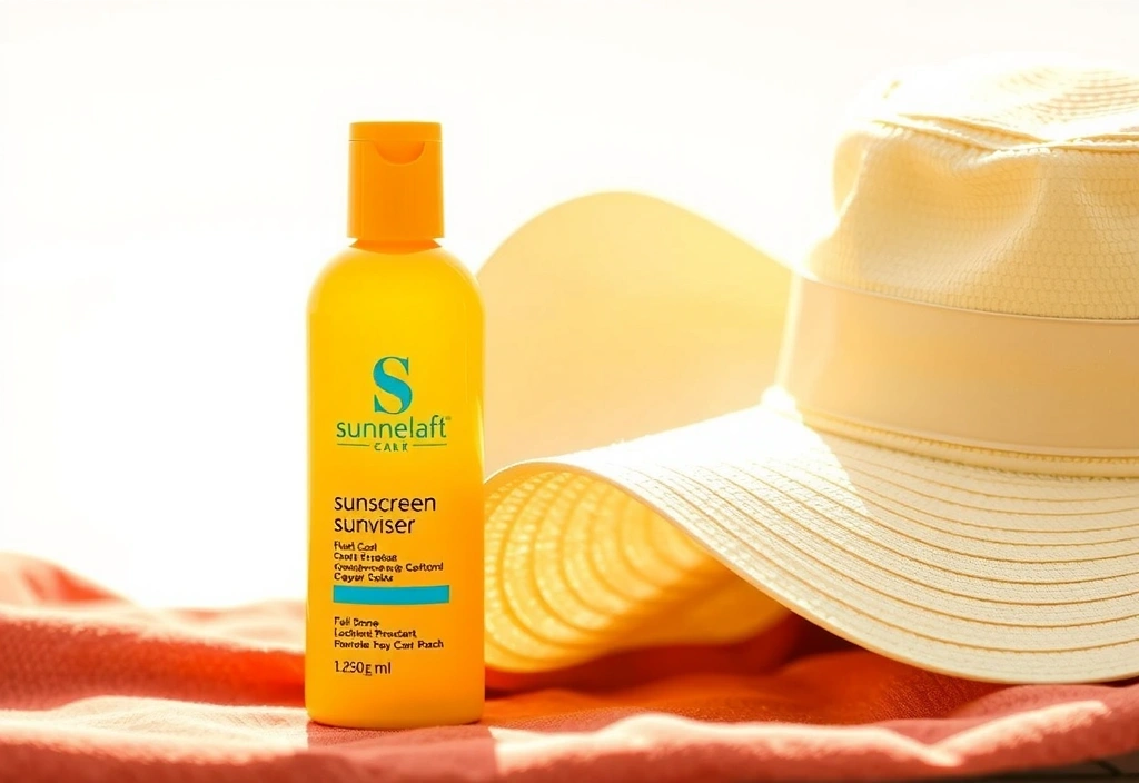 Sunscreen bottle and a sun hat, symbolizing sun protection.