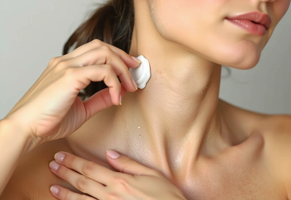 Woman applying anti-aging cream to her neck and décolletage.