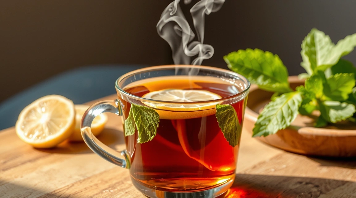 Herbal tea with fresh herbs and steam