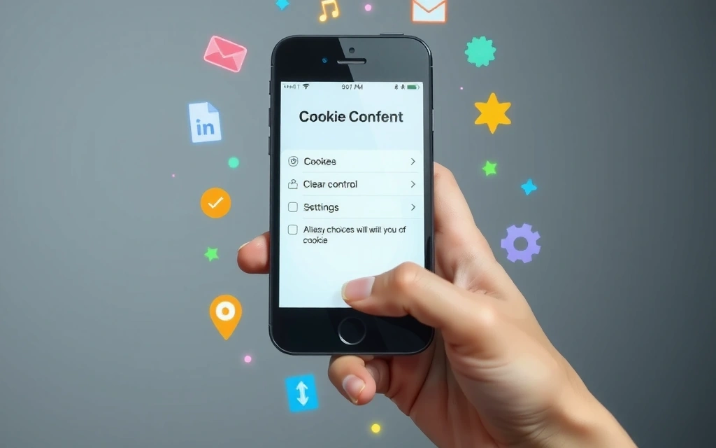 A hand holding a smartphone with cookie settings on screen, surrounded by floating digital elements representing user control over data
