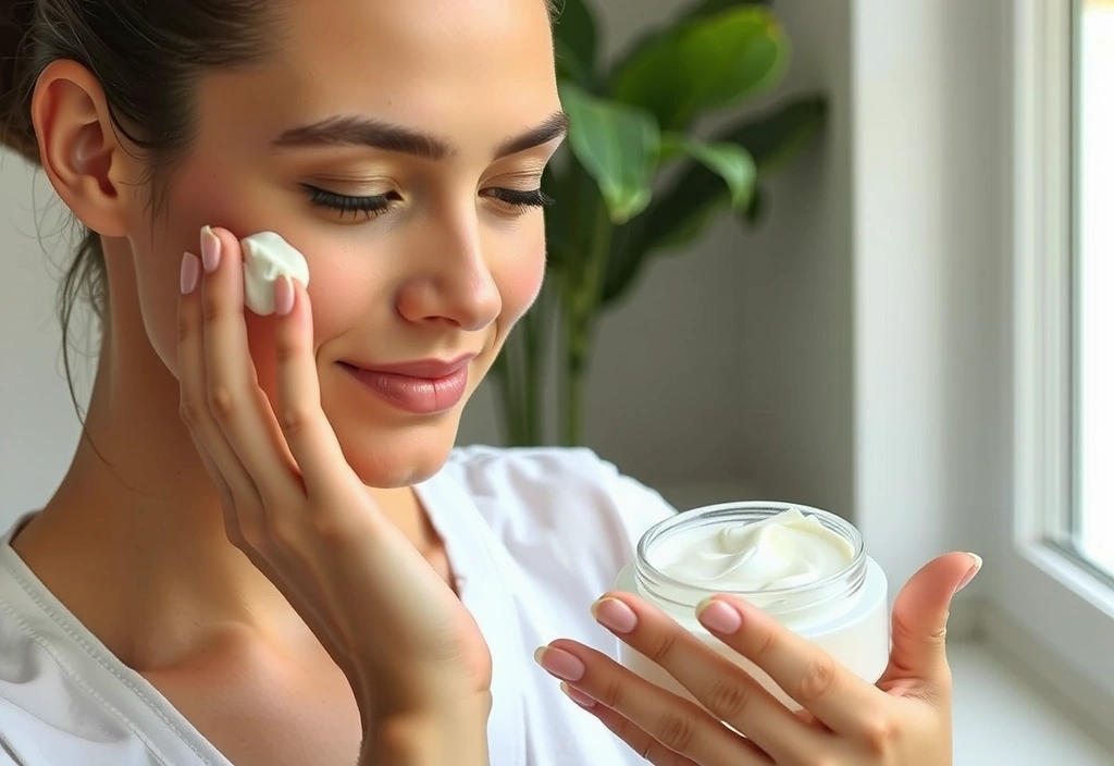 A woman gently applying a luxurious cream to her face, eyes closed in serene enjoyment, with soft, natural light illuminating her skin.
