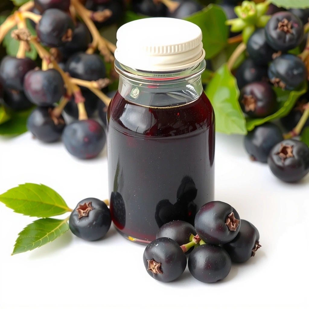 Elderberry fruits or syrup, representing the traditional herbal remedy known for immune support.
